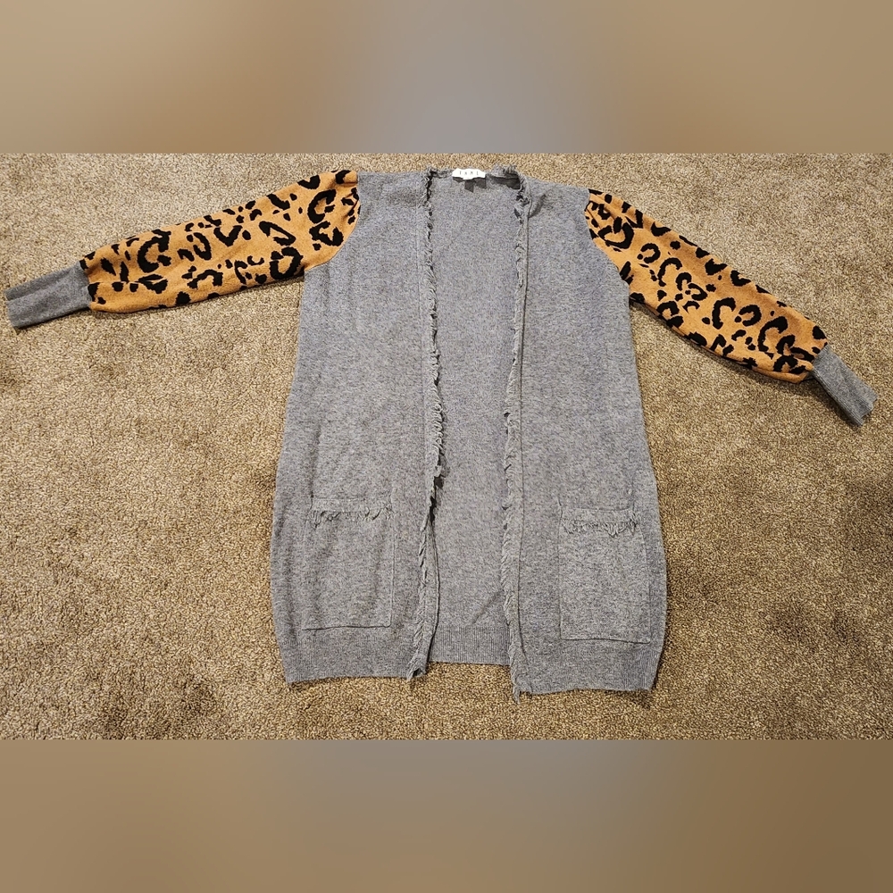 THML Gray Cardigan with Leopard Print Sleeves